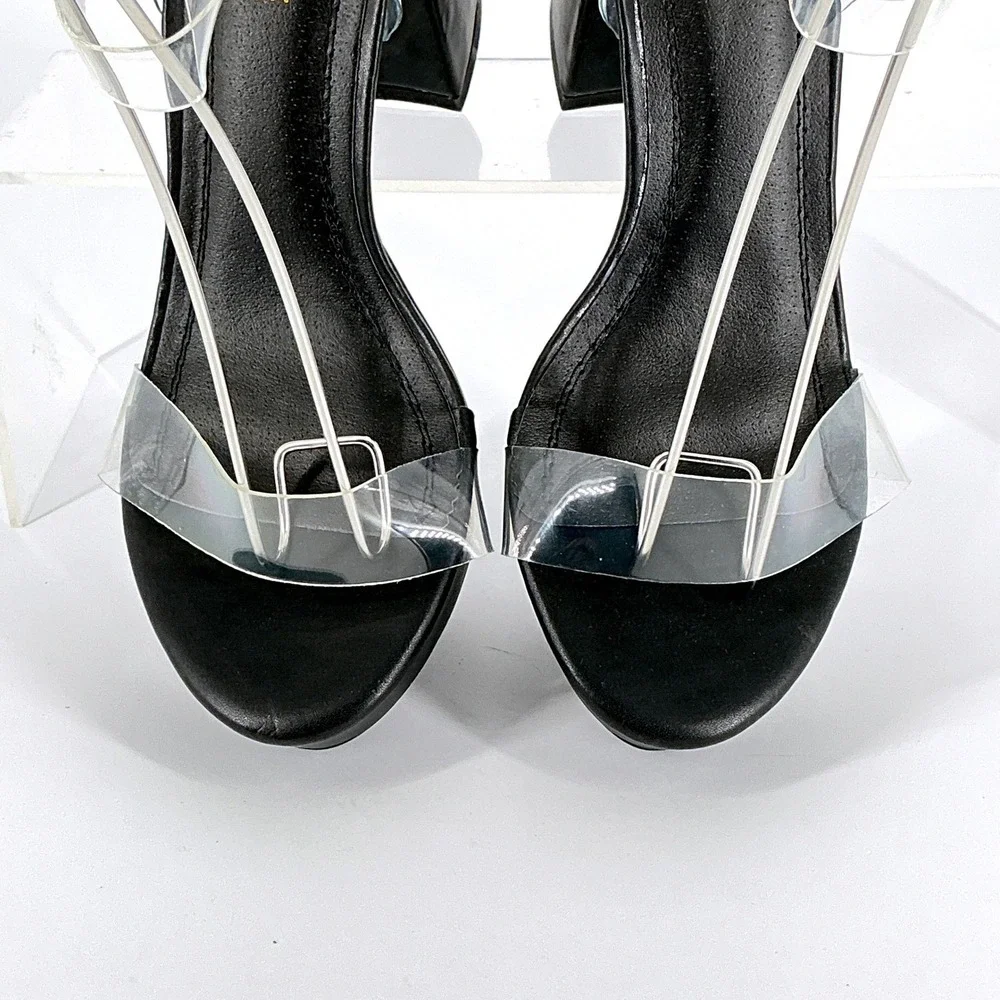 CHASE AND CHLOE Size 8.5 Black Clear Strap Platform Chunky‎ Heel Hela Sandals